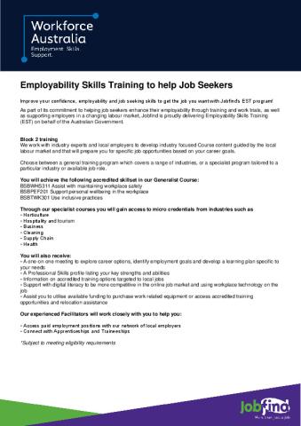 EST Service Delivery Plan - Jobfind Centres Australia Pty Ltd (Participant - Block 2).pdf