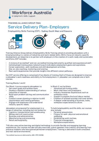 EST Service Delivery Plan - NSW - Sydney South West and Illawarra - Training Alliance Group Australia Pty Ltd (Employer).pdf