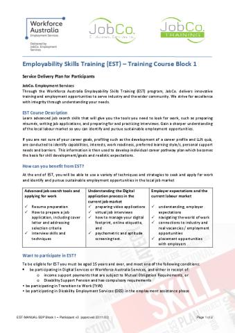 EST Service Delivery Plan - Jobco Employment Services Association Inc. (Participant - Block 1).pdf