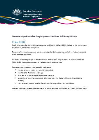 Communique  - Employment Services Advisory Group - 11 April 2022 meeting.pdf