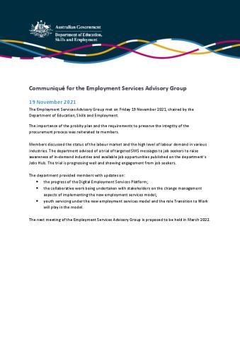 Employment Services Advisory Group Communique - 19 November 2021 meeting.pdf