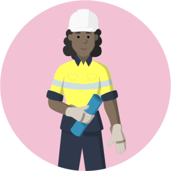 Person in construction clothing with hard hat and holding a rolled up document