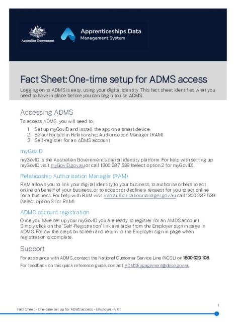 Fact Sheet - One-time set up for ADMS access - Employer.pdf