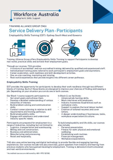 EST Service Delivery Plan - NSW - Sydney South West and Illawarra - Training Alliance Group Pty Ltd (Participant).pdf