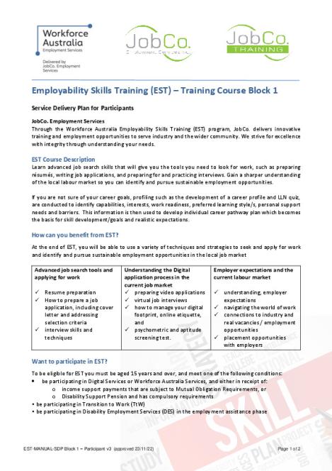 EST Service Delivery Plan - Jobco Employment Services Association Inc. (Participant - Block 1).pdf