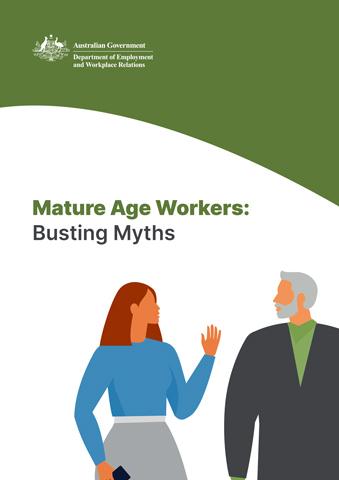 Vectot art of a red-headed woman and a grey bearded man facing each other in a discussion. The title above them reads "Mature Age Workers: Busting Myths".