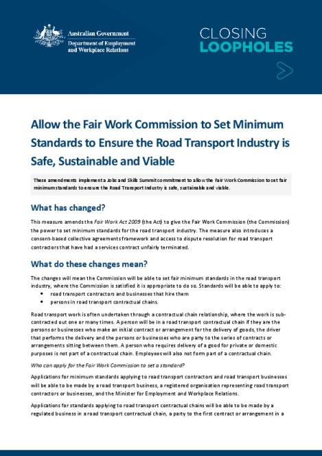 Allow the Fair Work Commission to Set Minimum Standards to Ensure the Road Transport Industry is Safe, Sustainable and Viable.pdf