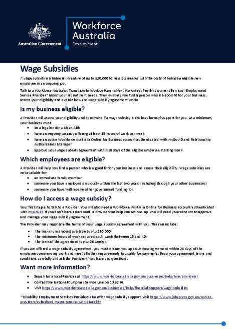 Wage Subsidies - Department of Employment and Workplace Relations ...