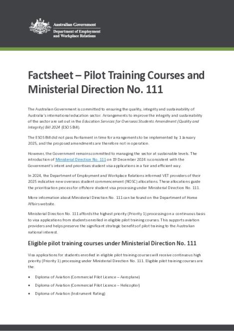 Factsheet - Pilot training courses and Ministerial Direction No. 111.pdf